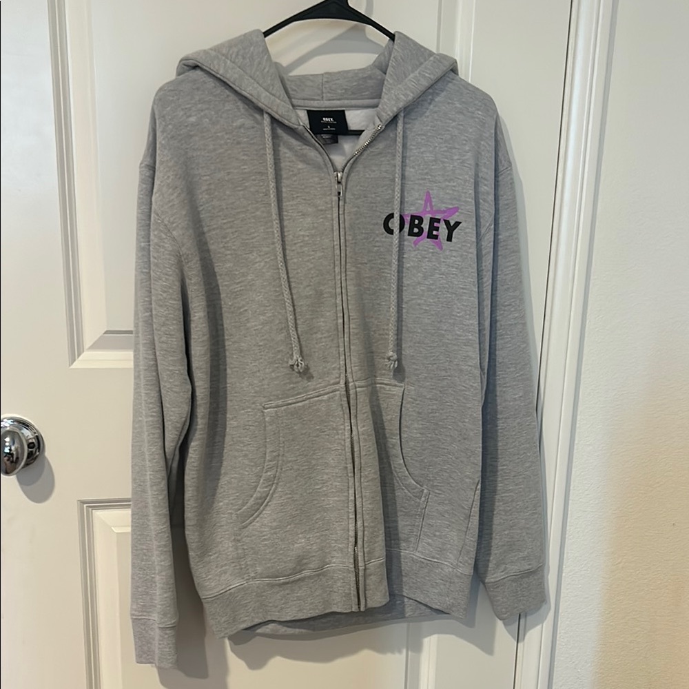 Obey Heather Gray Hoodie with Purple Logo